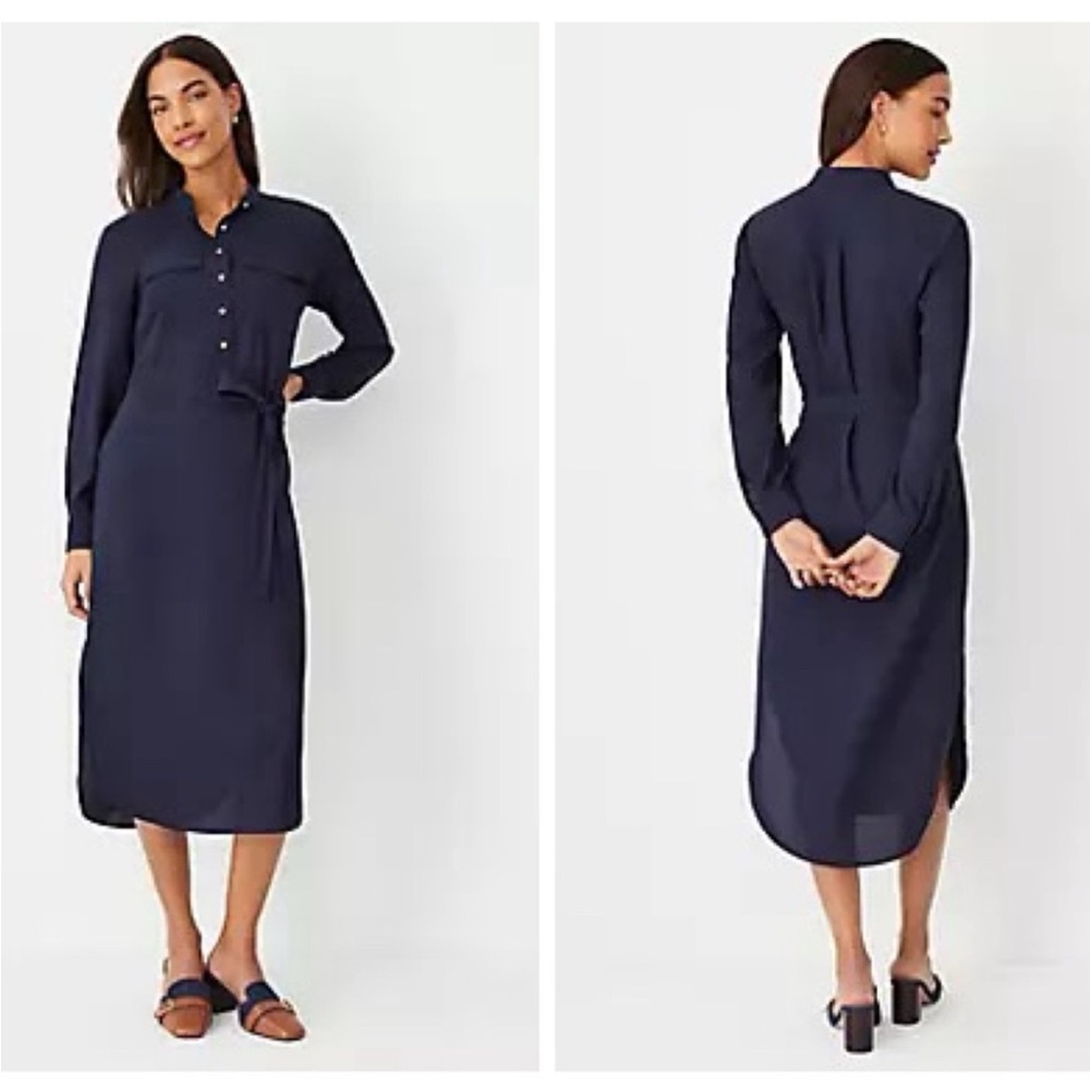 NWT Ann Taylor Stand Collar Belted Pocket Night Sky Blue Shirtdress Size 16 Tall